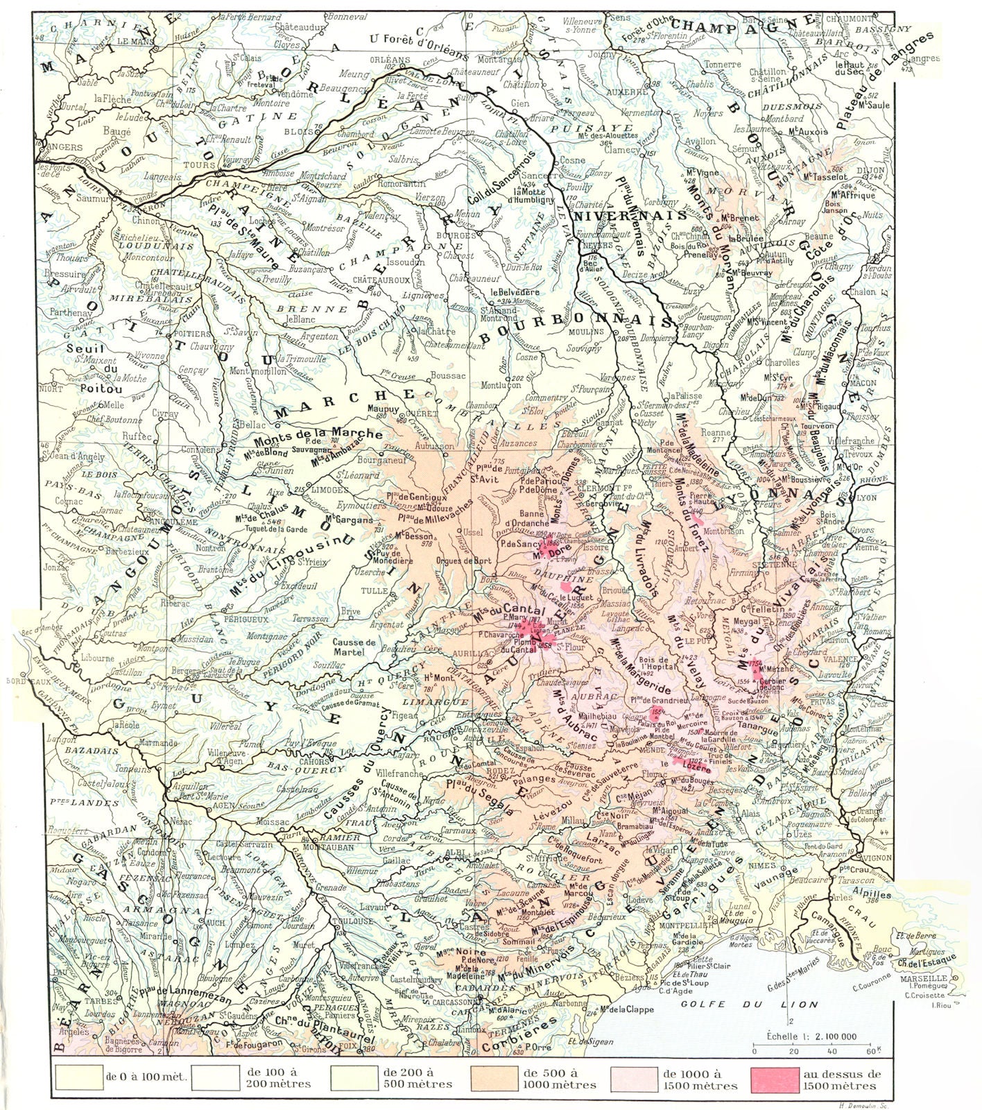 FRANCE. Massif Central Hypsométrique 1900 old antique vintage map plan chart